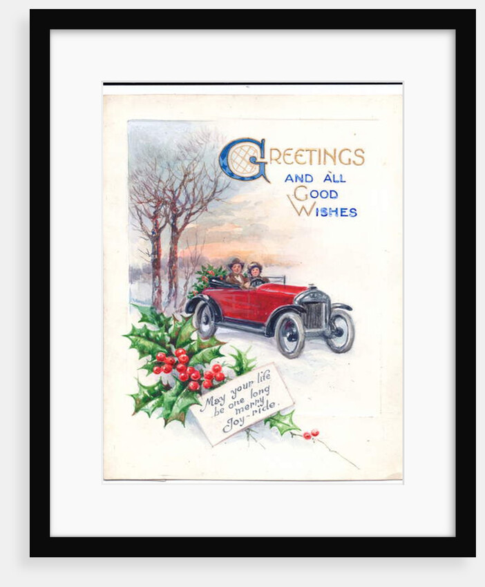 Original artwork for a Christmas card of a red car and holly, circa 1951 by (after) English School