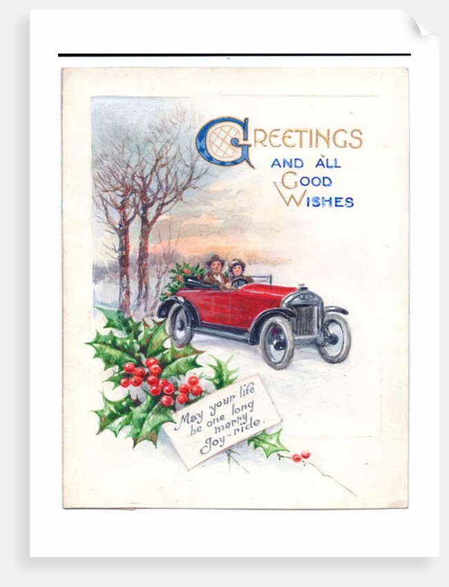 Original artwork for a Christmas card of a red car and holly, circa 1951 by (after) English School