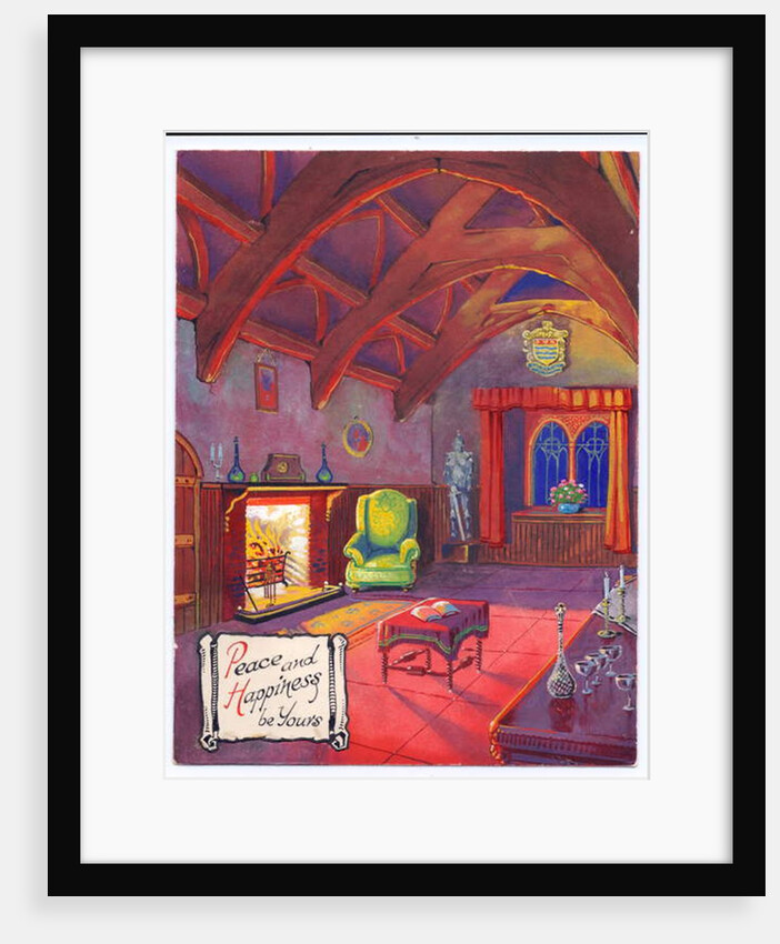 Original artwork for a Christmas card of a roaring fire in a baronial hall, circa 1953 by English School
