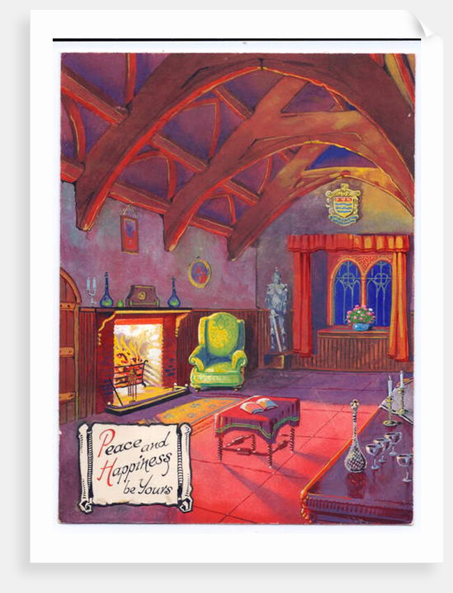 Original artwork for a Christmas card of a roaring fire in a baronial hall, circa 1953 by English School