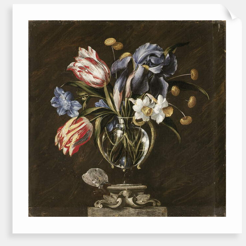 Tulips, daffodils, irises and other flowers in a glass vase on a sculpted stand, with a butterfly by Juan de Arellano