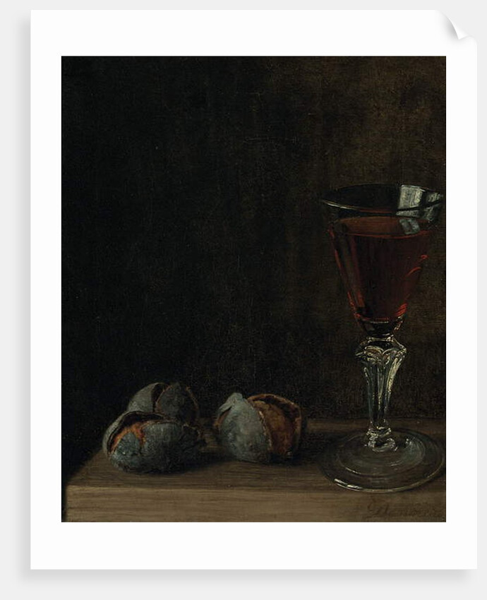 A glass of wine with walnuts on a table by Balthasar Denner