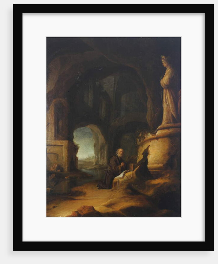 A hermit at prayer in a grotto with classical ruins by Jan Adriansz van Staveren