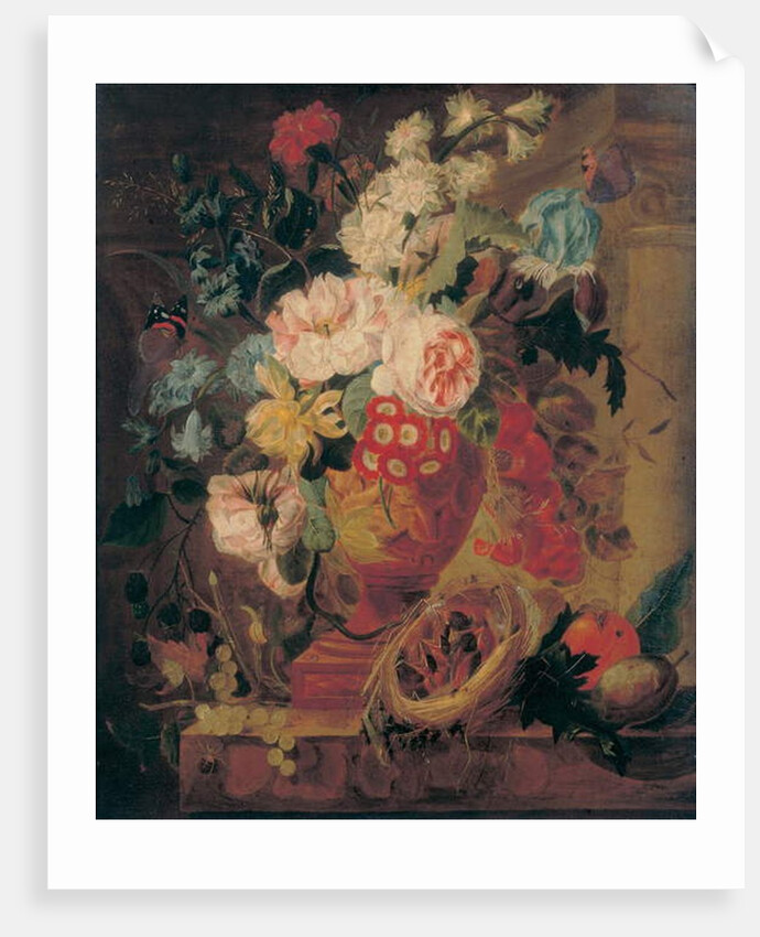 Flowers in a terracotta vase decorated with putti, with fruits, butterflies, a bluebottle, a snail, a spider and four chicks in a nest on a ledge by Jan Frans (circle of) Eliaerts