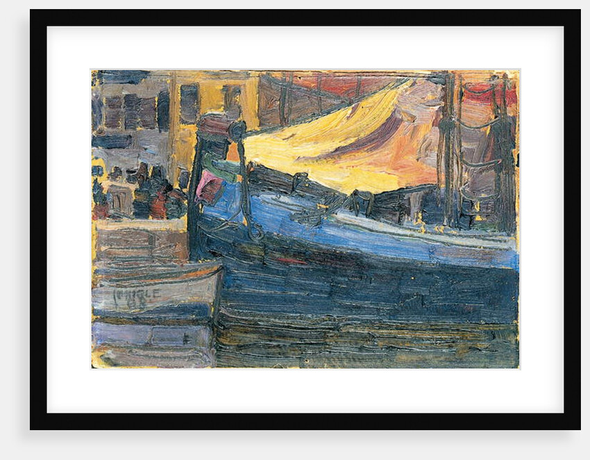 Anchored boats with a house wall in the background, 1908 by Egon Schiele