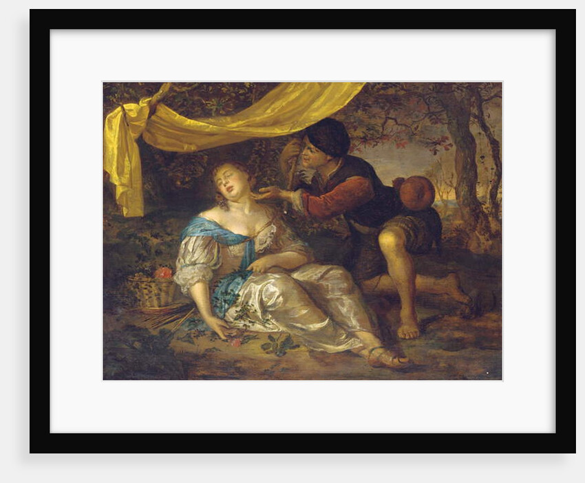 A shepherd kneeling over a lady sleeping under a canopy in a wooded landscape by Karel de Moor