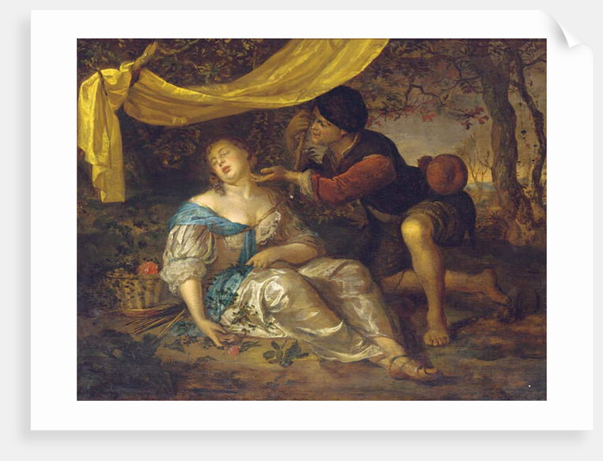 A shepherd kneeling over a lady sleeping under a canopy in a wooded landscape by Karel de Moor