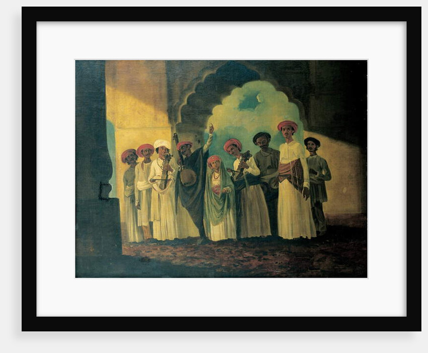 Group of Indian musicians playing a sarangi, a tambura and tablas, with a girl dancing on a terrace by William Hodges