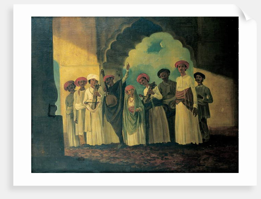 Group of Indian musicians playing a sarangi, a tambura and tablas, with a girl dancing on a terrace by William Hodges