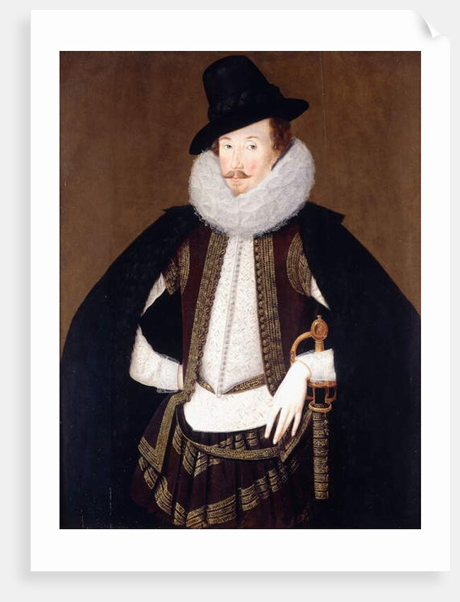 Portrait of Sir Charles Cornwallis, in a Fur Trimmed Black Cloak, White Doublet and Brown, Gold Embroidered Waistcoat, by Robert the Elder Peake