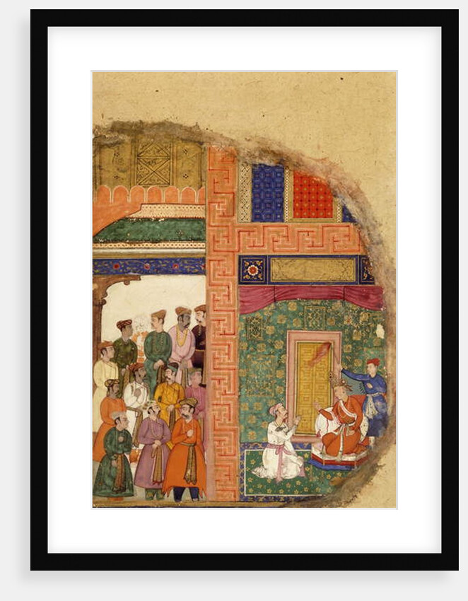 King Dasaratha Conversing with the Family Priest about Rama's Regency Inside the Palace, Whilst Courtiers and Ministers Await in the Courtyard, c.1595 by Mughal School