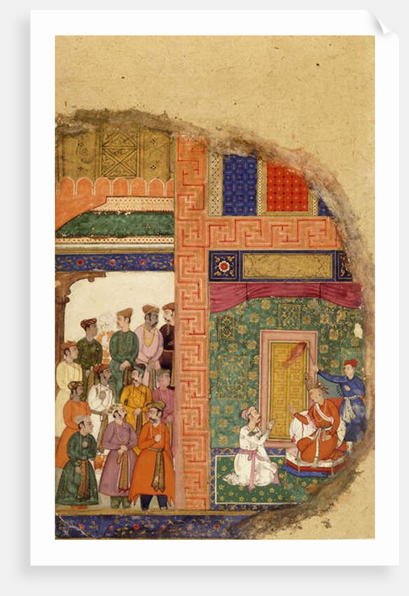 King Dasaratha Conversing with the Family Priest about Rama's Regency Inside the Palace, Whilst Courtiers and Ministers Await in the Courtyard, c.1595 by Mughal School
