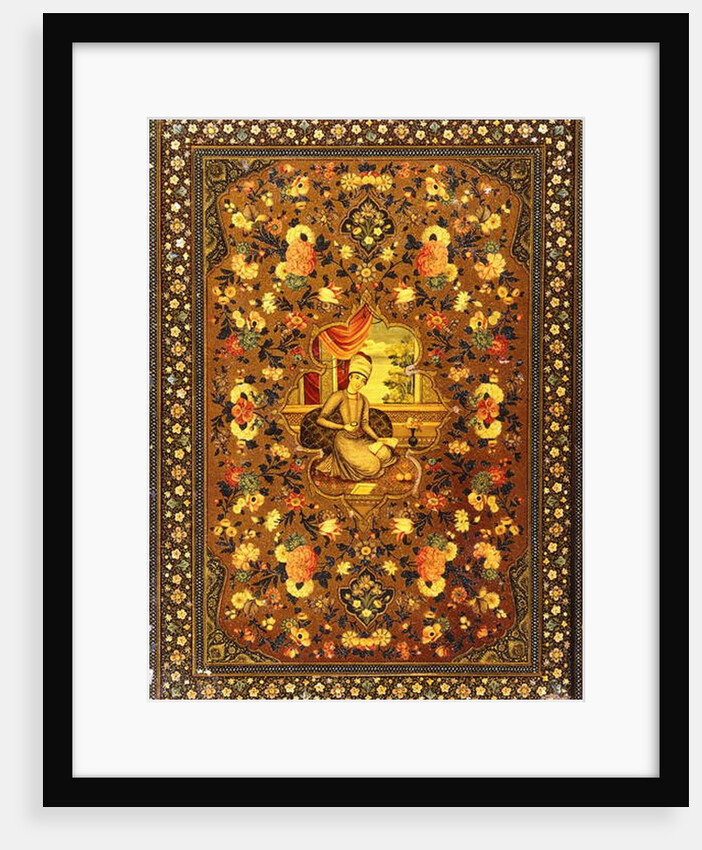 A Zand book cover painted with a central seated figure within an interior, surrounded by floral sprays by Persian School