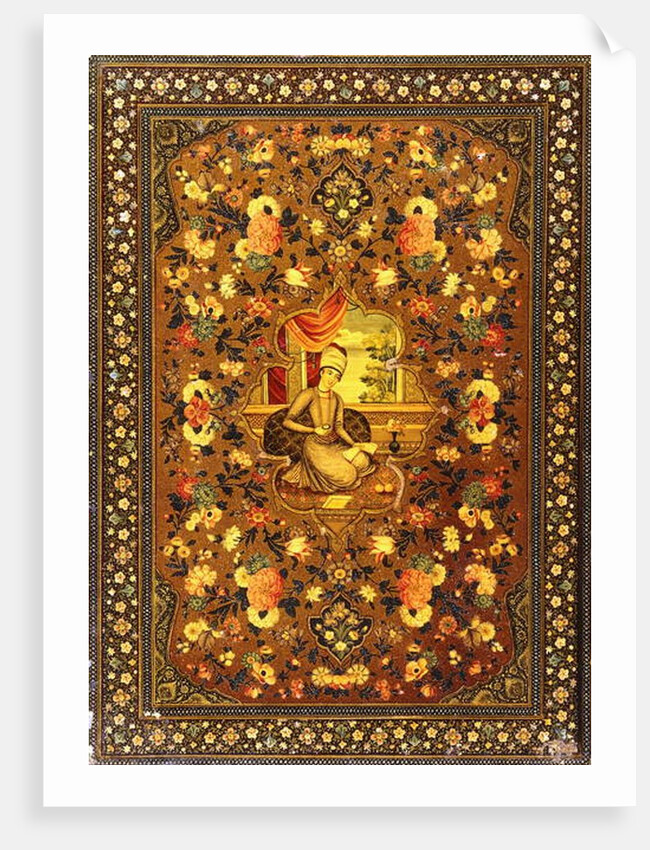 A Zand book cover painted with a central seated figure within an interior, surrounded by floral sprays by Persian School