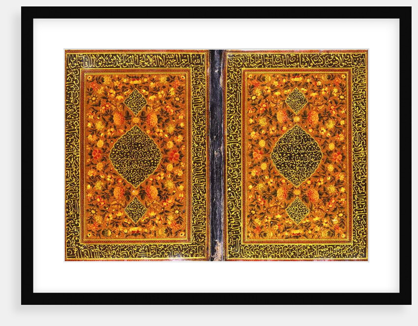 A Qajar Qur'an binding, painted with a floral design and a medallion containing a thuluth inscription, c. 1801-2 by Persian School