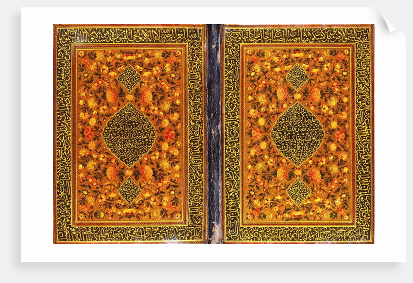 A Qajar Qur'an binding, painted with a floral design and a medallion containing a thuluth inscription, c. 1801-2 by Persian School
