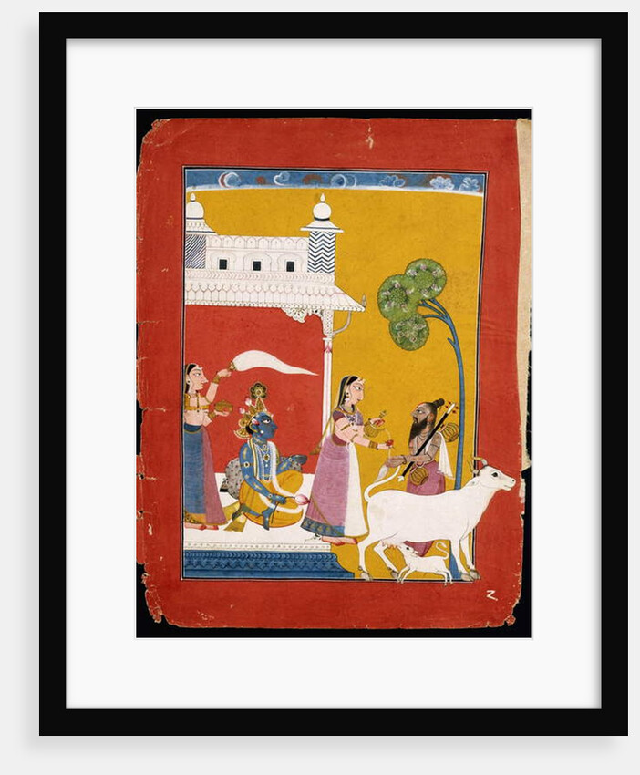 Rukmini offering water to the sage Narada while her consort Krishna sits in her house, c.1725-1730 by Indian School