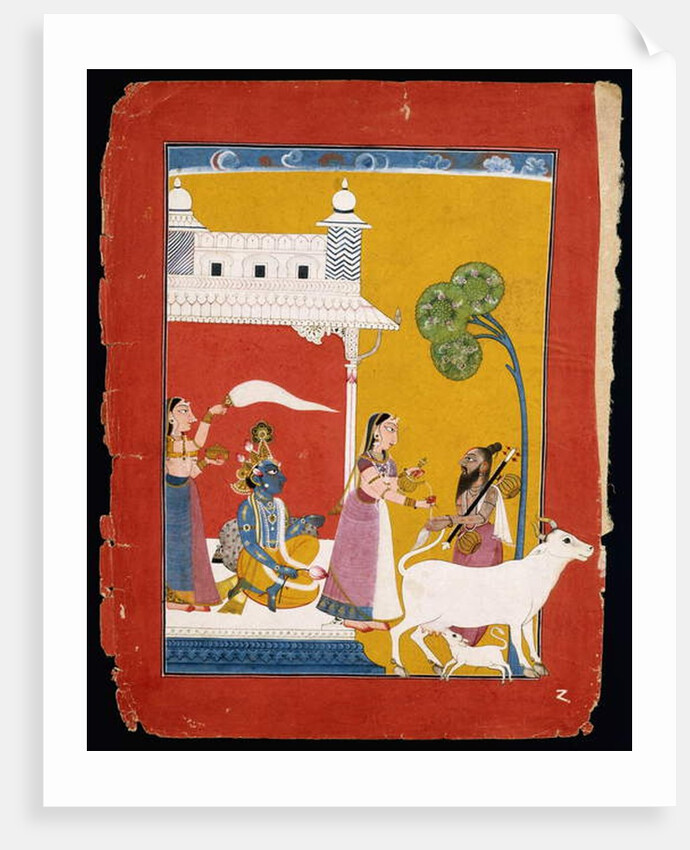 Rukmini offering water to the sage Narada while her consort Krishna sits in her house, c.1725-1730 by Indian School