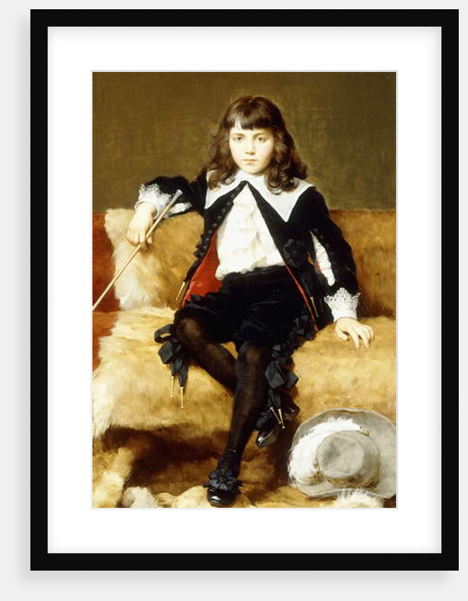 Portrait of a Boy, seated full length, on a Sofa Draped with a Lion Skin by Geza Vastagh