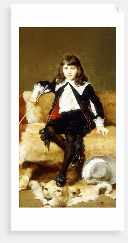 Portrait of a Boy, seated full length, on a Sofa Draped with a Lion Skin by Geza Vastagh