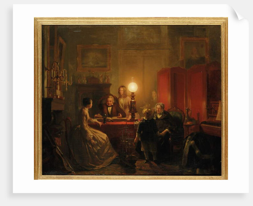 A family gathered around a lamplit table, 1854 by Petrus Kiers