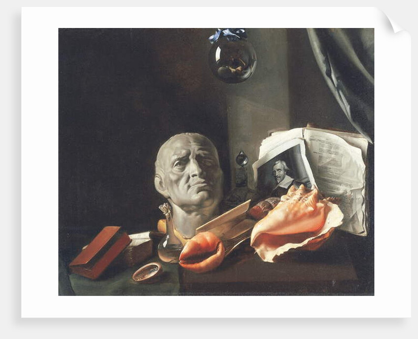 Vanitas still life with a bust, seashells, books and glass flasks by Dutch School