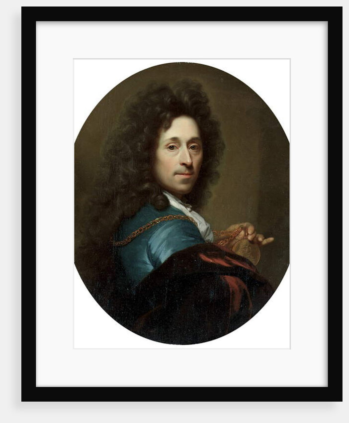 Portrait of the artist in a blue coat and brown velvet cape, with a medallion of the Elector Palatine, Johann Wilhelm by Godfried Schalken or Schalcken
