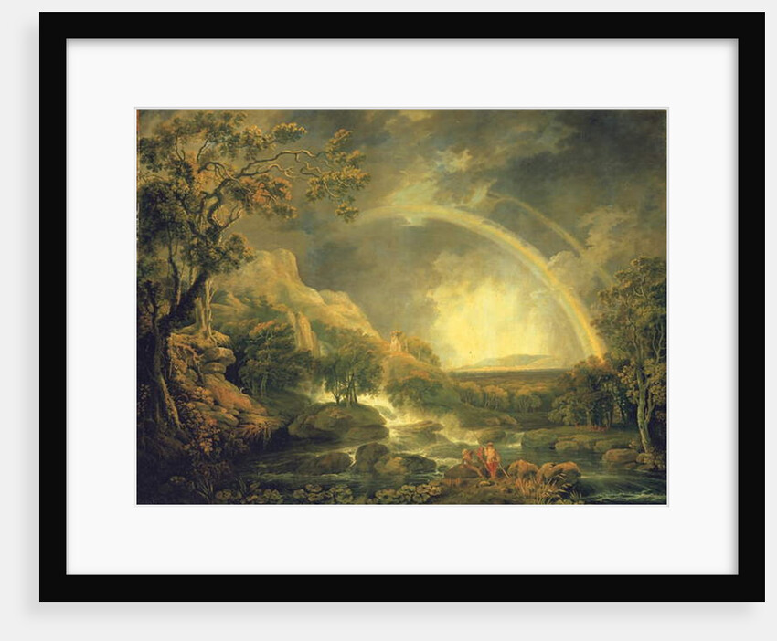 Extensive wooded river landscape, with anglers beside a pool below a waterfall, and a rainbow by George the Elder Barret