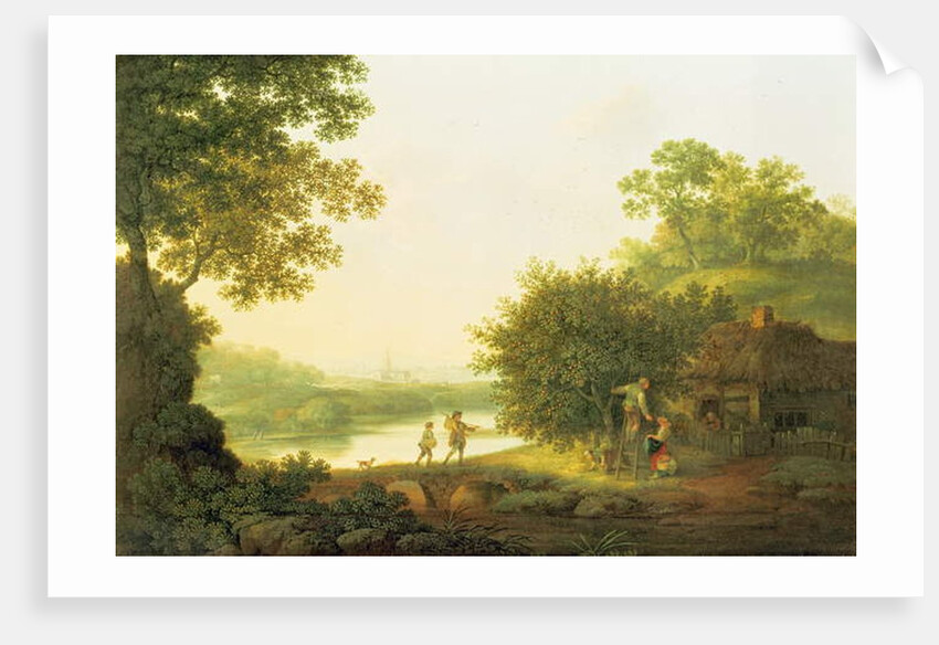 Applepickers, by a Cottage In A Wooded Landscape with Chichester Beyond by George of Chichester Smith