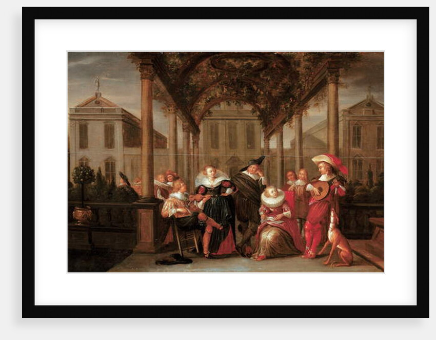 A merry company playing music under a flowered porch in a garden by Dirck Hals