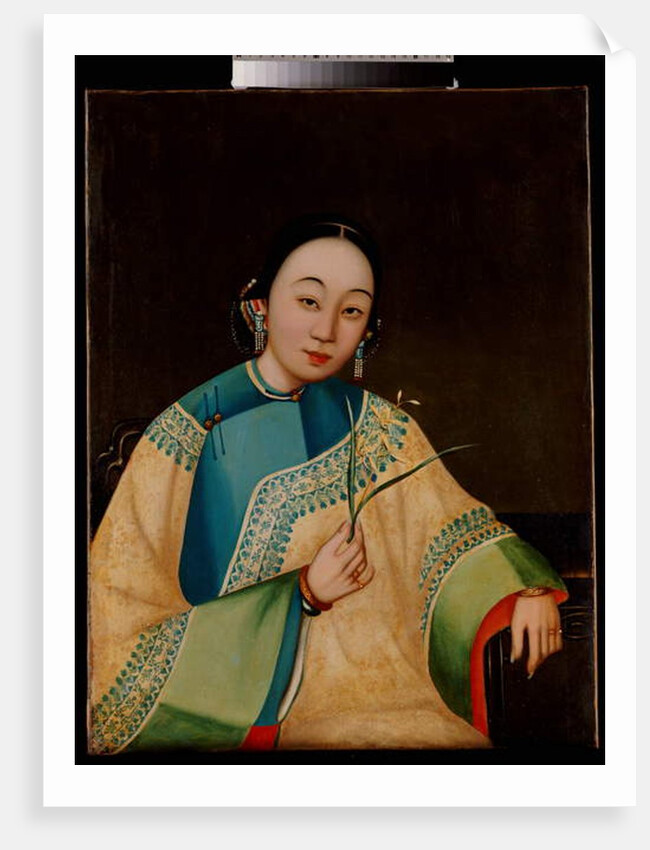 Portrait of a Court Lady, Seated Half Length in an Embroidered Robe, Holding a Flower, mid 19th century by School Chinese
