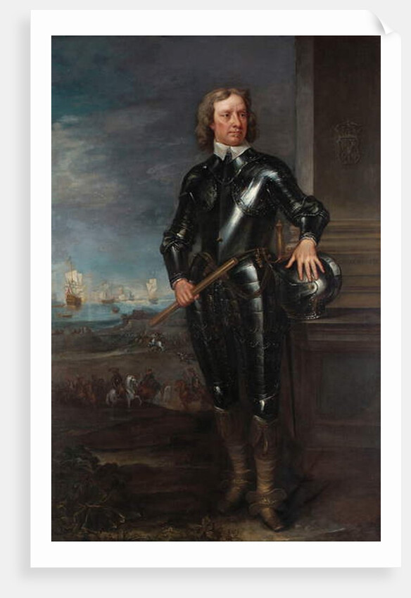 Portrait of Oliver Cromwell in Armour, a Seascape and Battle Beyond, late 1650s by English School