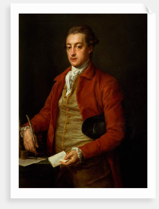 Portrait of the Hon. Lionel Damer, half length in Red Coat with Grey Vest and White Cravat, holding a Paper and Quill Pen by Pompeo Girolamo Batoni