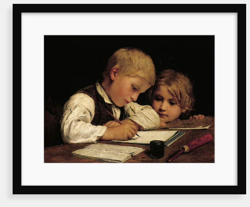 A Boy Writing; Schreibender Knabe Mit Schwesterchen, 1875 by Albert Anker