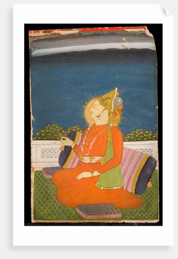 A Bejeweled Dignitary, Wearing a Plumed Turban, Holding a Lotus Bud, Sitting on a Terrace by Indian School