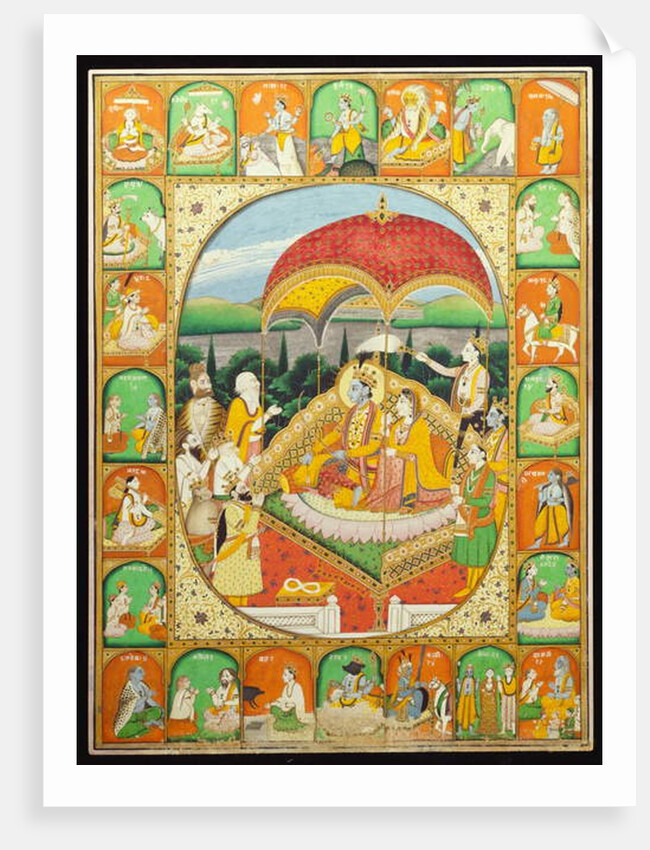 Rama and Sita Enthroned, worshipped by Shiva, Hanuman and others, 1800-20 by Indian School