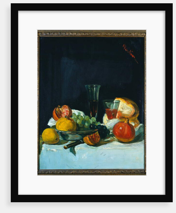 Grapes, Lemons and Pomegranates with White Wine Glasses and Loaf of Bread by George Leslie Hunter