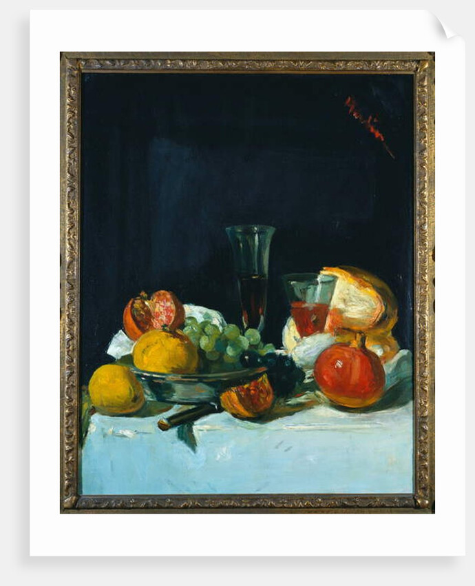 Grapes, Lemons and Pomegranates with White Wine Glasses and Loaf of Bread by George Leslie Hunter