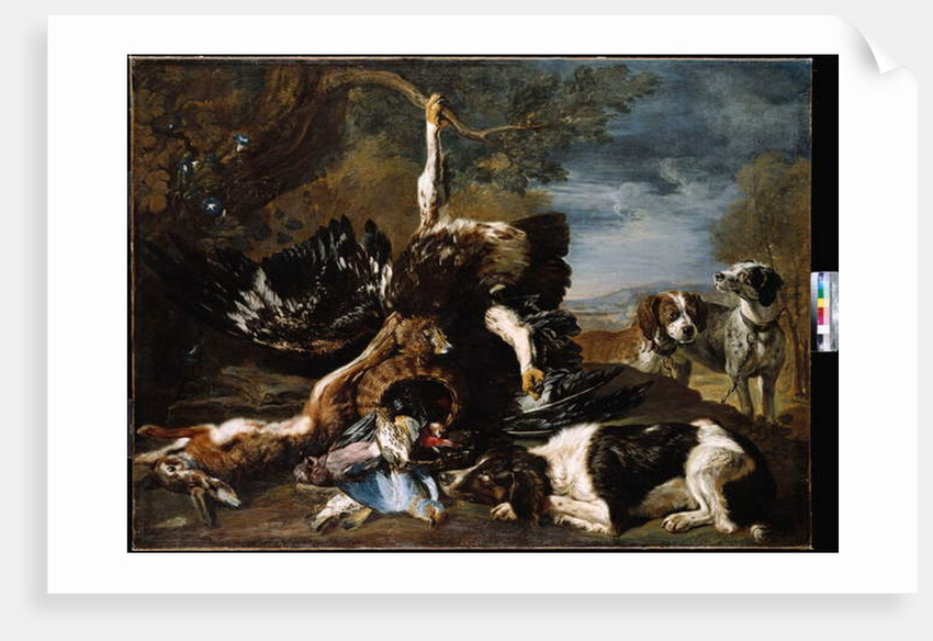 A Spaniel, an Eagle, a Hare and a Wicker Basket with a Jay, Finches and other Birds Overlooked by two Hounds, a Mountainous Landscape Beyond by David de Coninck