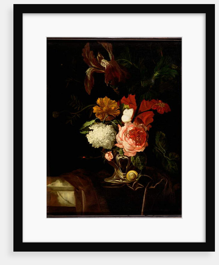 A Rose, an Iris, Lilac and other Flowers in an Auricular Silver Vase with a Snail and a Butterfly on a Draped Ledge by Willem van Aelst
