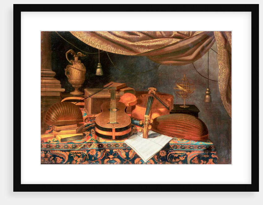A Guitar, a Cello, Lutes, a Musical Score and other Books, a Gilt Ewer and an Armillary Sphere on a Draped Table, a Column Beyond and a Curtain Above by Evaristo Baschenis