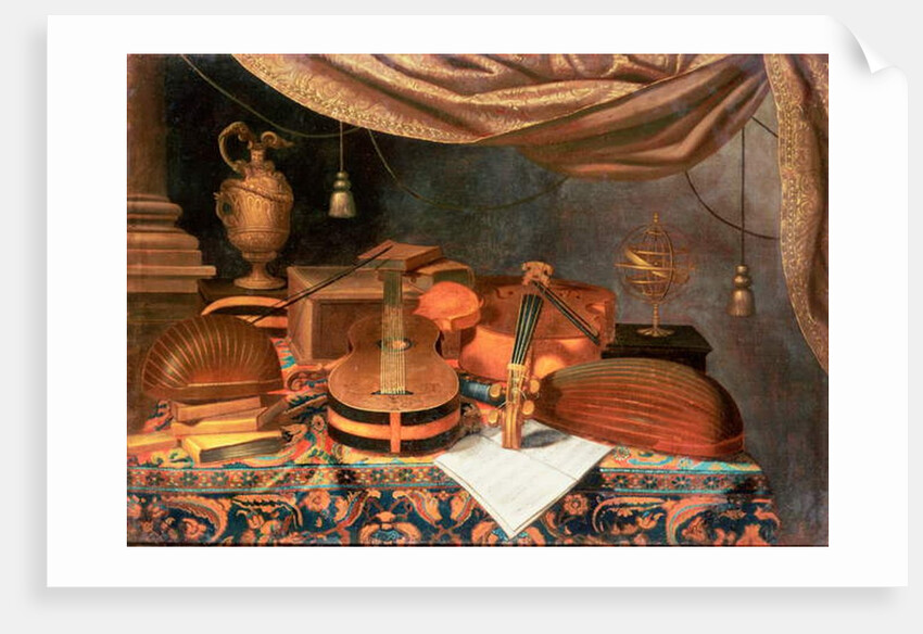 A Guitar, a Cello, Lutes, a Musical Score and other Books, a Gilt Ewer and an Armillary Sphere on a Draped Table, a Column Beyond and a Curtain Above by Evaristo Baschenis