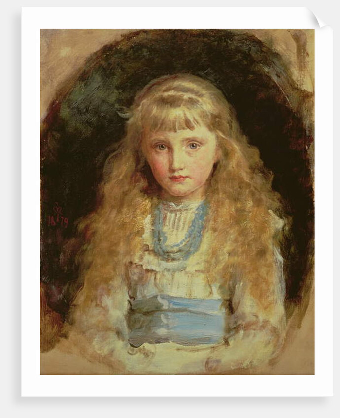 Portrait of Beatrice Caird wearing a white dress with a blue sash by John Everett Millais