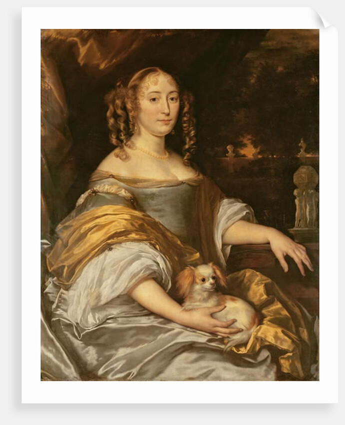 Portrait of a young lady in blue dress with lapdog by Abraham Lamberts Jacobsz van den Tempel