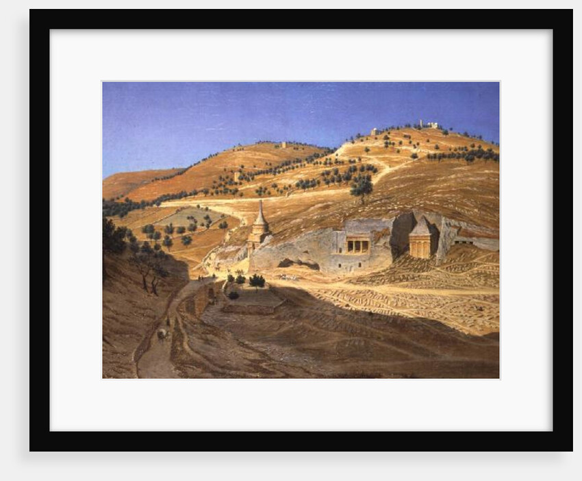 A hilly landscape with Arabs and a ruined temple by Hubert Sattler