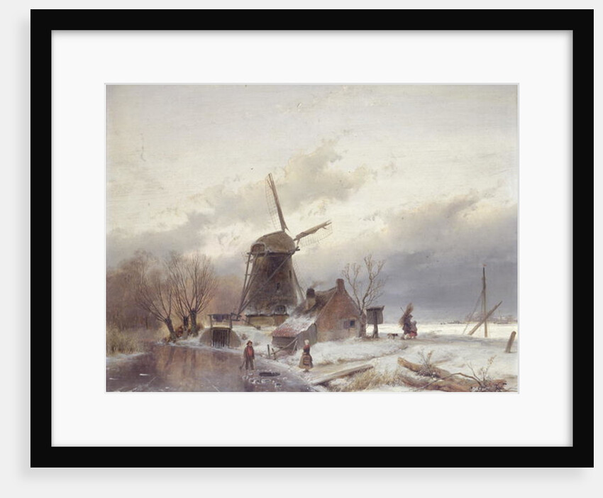 A Frozen River Landscape with a Windmill by Andreas Schelfhout
