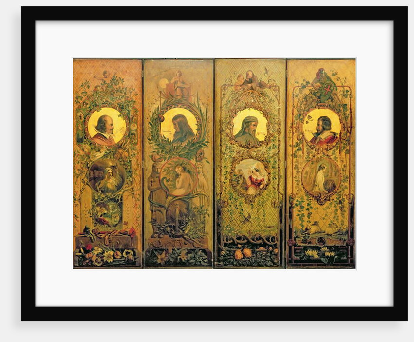 A four leaf screen with portraits of Shakespeare, Milton, Chaucer and Spenser by William Bell Scott