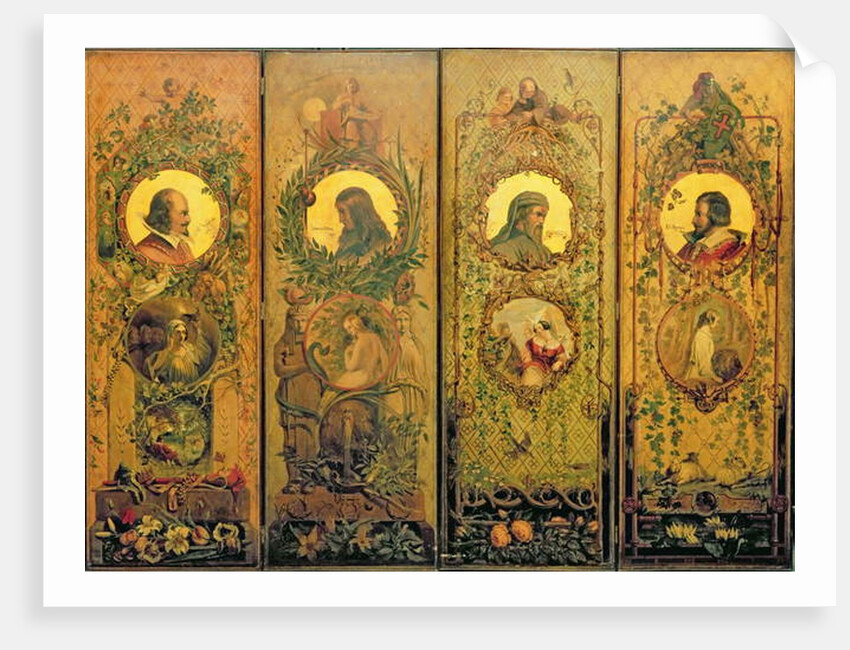 A four leaf screen with portraits of Shakespeare, Milton, Chaucer and Spenser by William Bell Scott