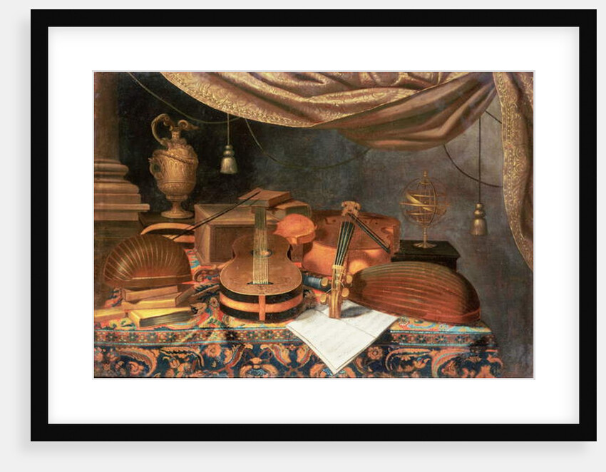 A guitar, a cello, lutes, a musical score and other books and an armillary globe on a draped table by Evaristo Baschenis