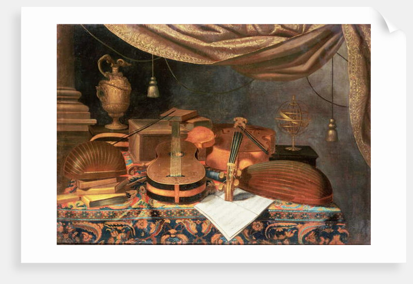 A guitar, a cello, lutes, a musical score and other books and an armillary globe on a draped table by Evaristo Baschenis